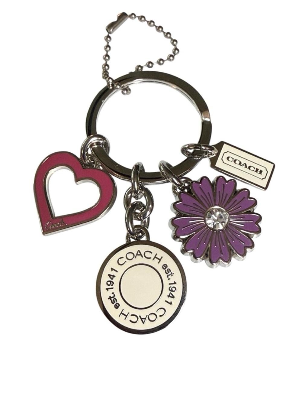Coach Pink Heart & Purple Daisy w/ Swarovski Crystal Keychain/Purse Charm